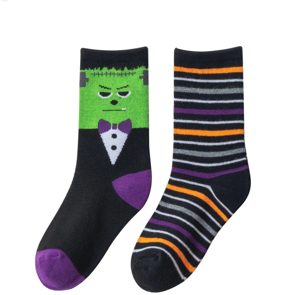 * Kids 2 Pk Crew Halloween Themed Socks Green/Black Small Shoes Size 6 - 7.5